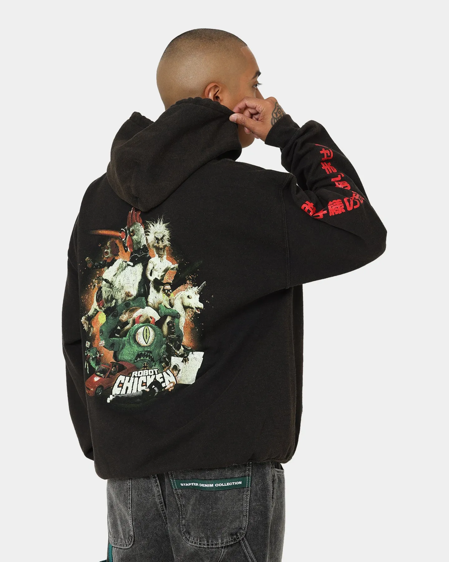 American Thrift Chicken Boom Vintage Kapuzenpullover Schwarzgewaschen