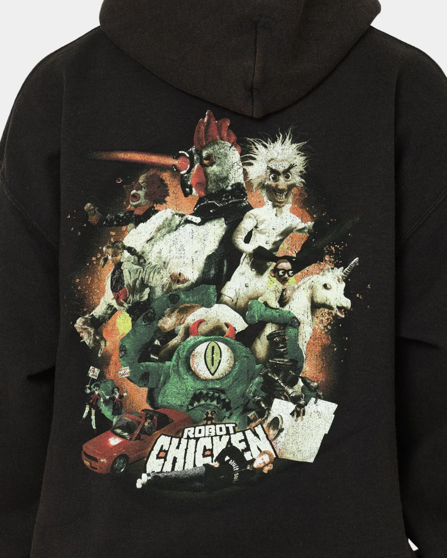 American Thrift Chicken Boom Vintage Kapuzenpullover Schwarzgewaschen
