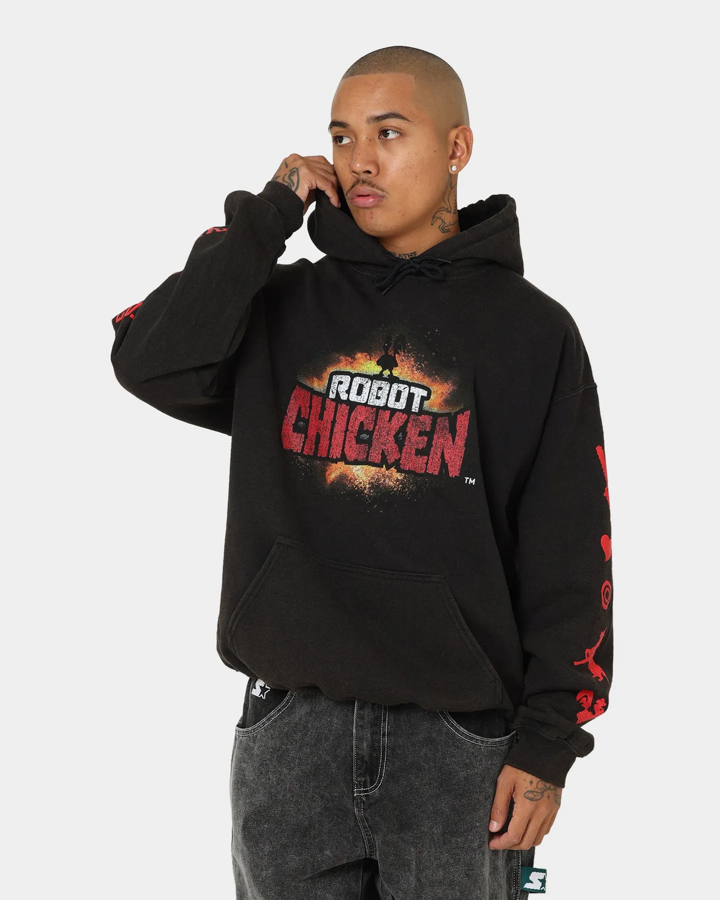 American Thrift Chicken Boom Vintage Kapuzenpullover Schwarzgewaschen