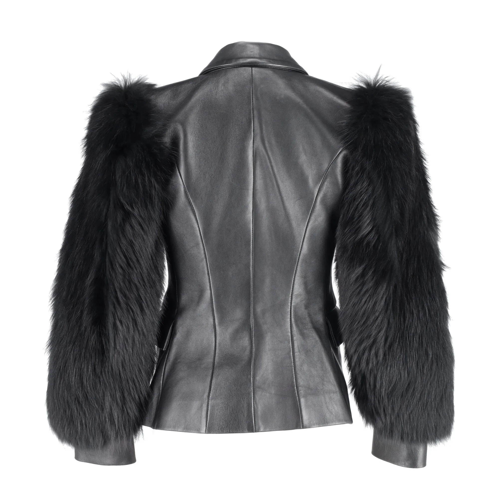 Balmain Einreihiger Blazer mit Pelzärmeln in schwarzem Leder