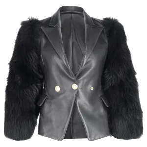 Balmain Einreihiger Blazer mit Pelzärmeln in schwarzem Leder