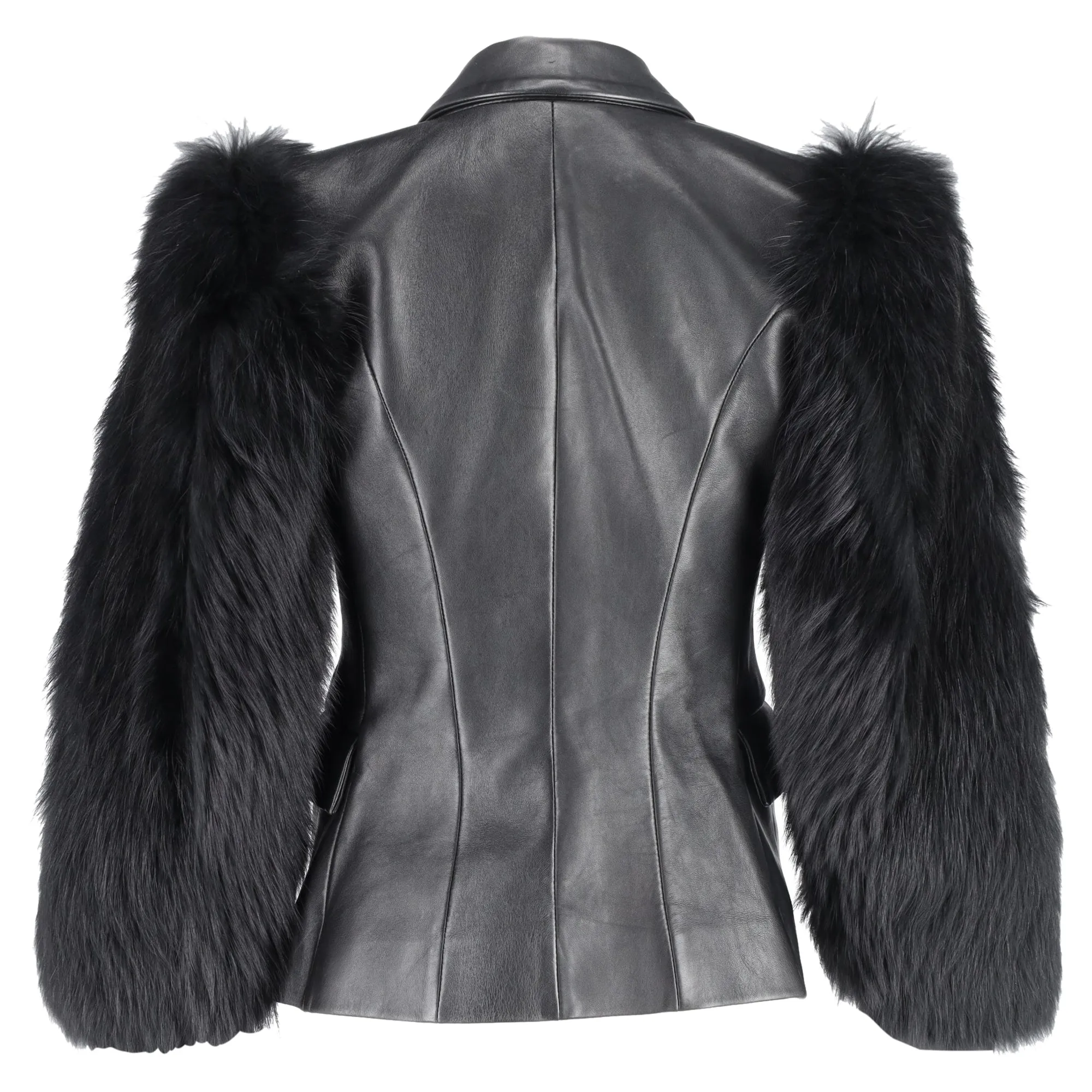 Balmain Einreihiger Blazer mit Pelzärmeln in schwarzem Leder