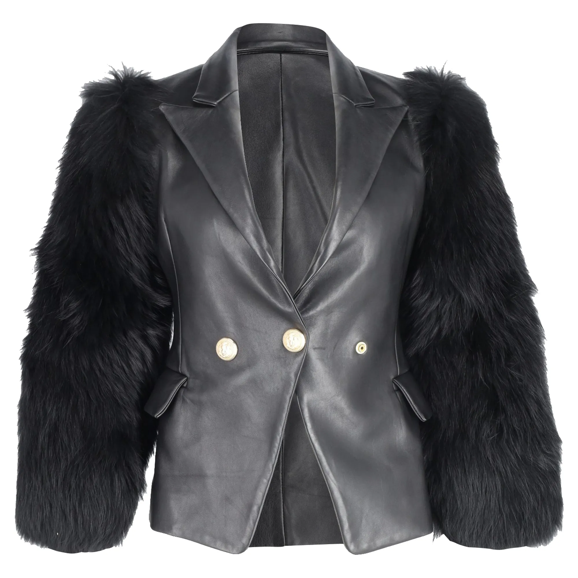 Balmain Einreihiger Blazer mit Pelzärmeln in schwarzem Leder