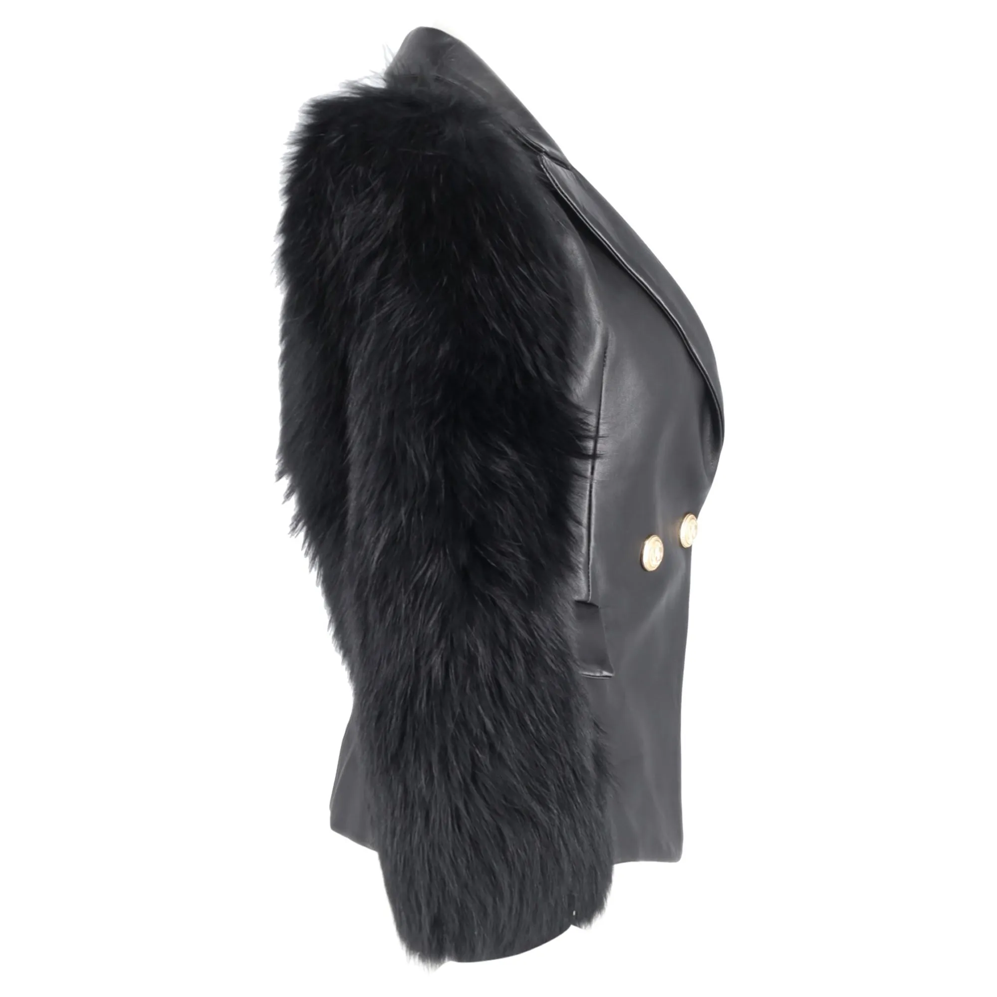Balmain Einreihiger Blazer mit Pelzärmeln in schwarzem Leder