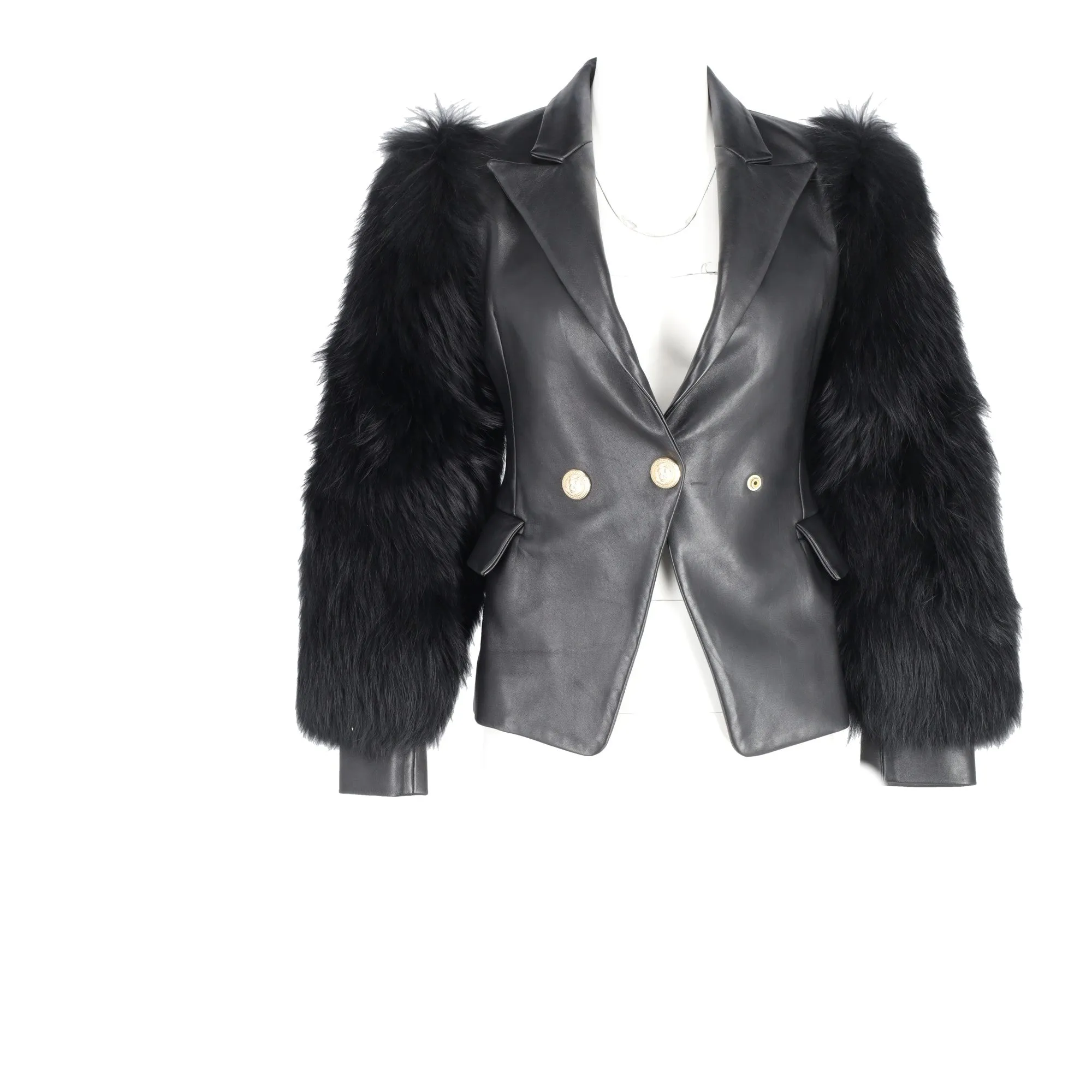 Balmain Einreihiger Blazer mit Pelzärmeln in schwarzem Leder