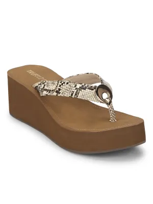 Beige PU-Schlangenmuster Slip-On Keilabsätze