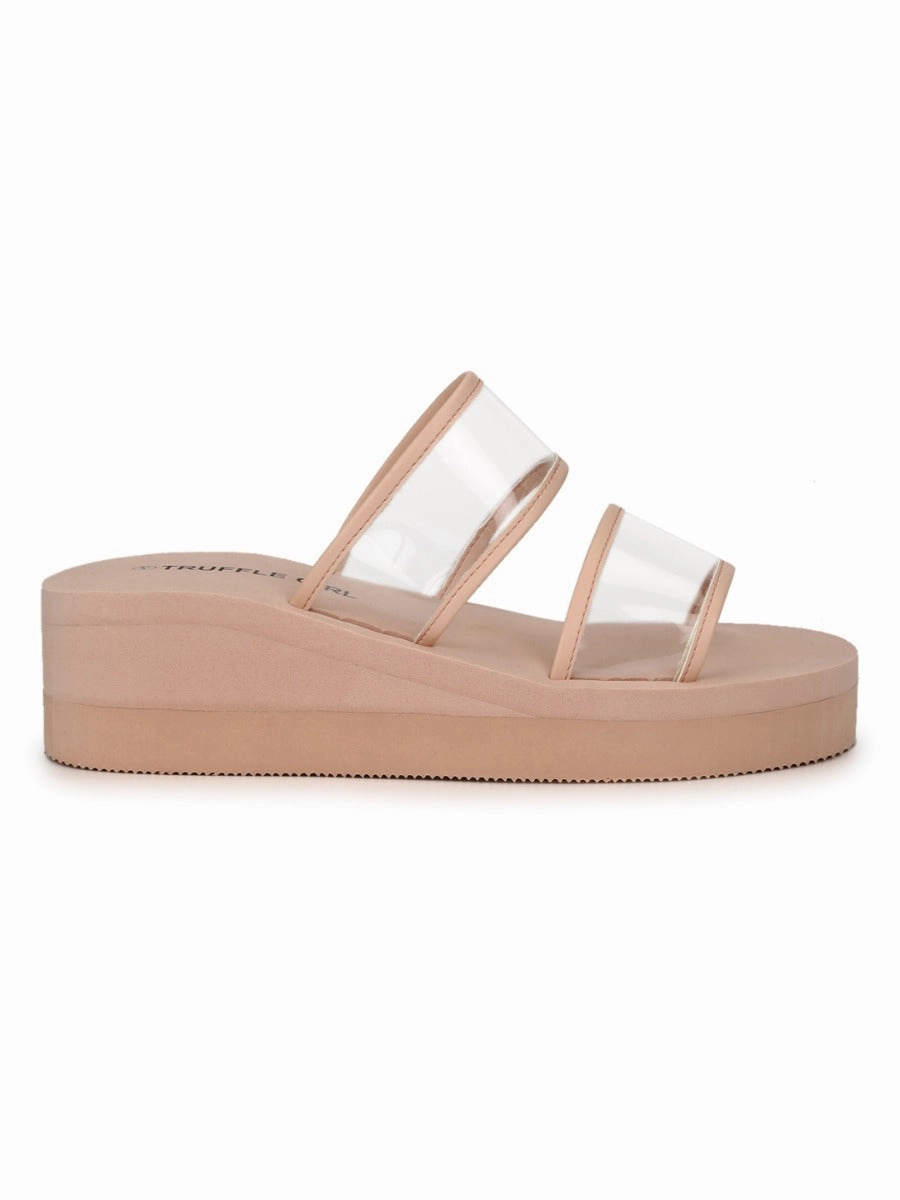 Beige PVC Wedges With Wide Clear Straps