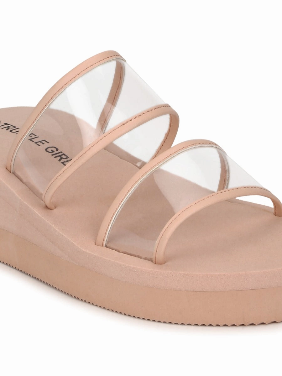 Beige PVC Wedges With Wide Clear Straps