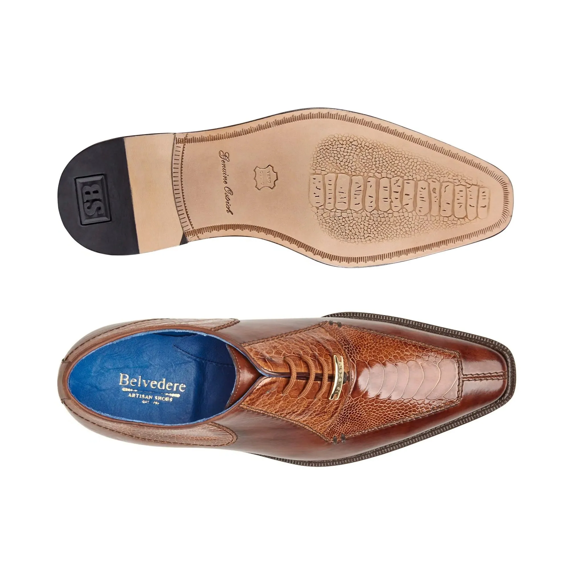 Belvedere Exotische Leder Schuhe Belvedere Biagio in Antik Erdnuss Echtem Straußenbein & Italienischem Kalbsleder Oxfords