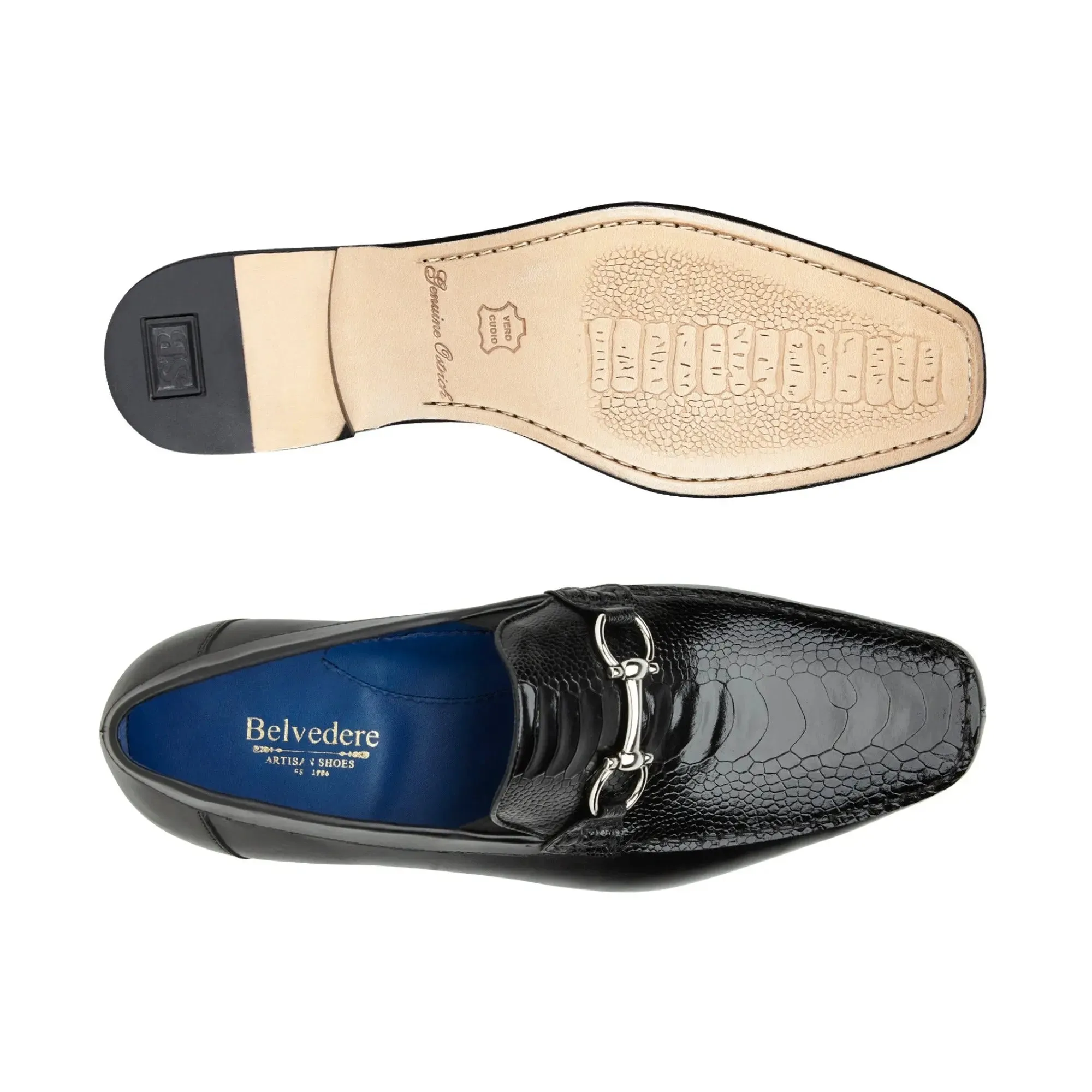 Belvedere Exotische Leder-Schuhe Belvedere Bruno in Schwarz aus echtem Straußenbein und italienischen Kalbsleder-Loafers