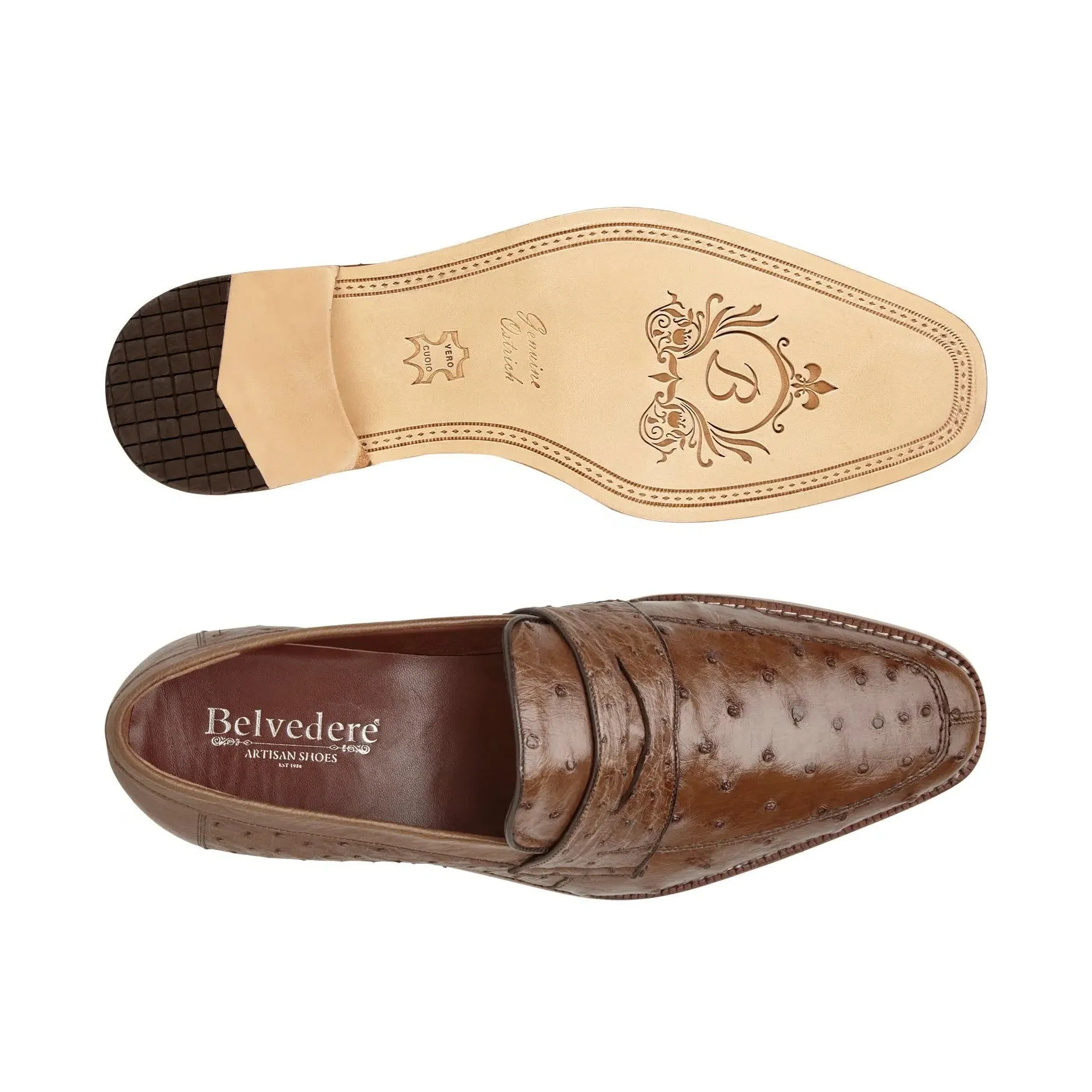 Belvedere Exotische Leder Schuhe Belvedere Espada in Tabak Straußenfeder Penny Loafers