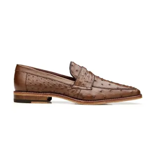 Belvedere Exotische Leder Schuhe Belvedere Espada in Tabak Straußenfeder Penny Loafers