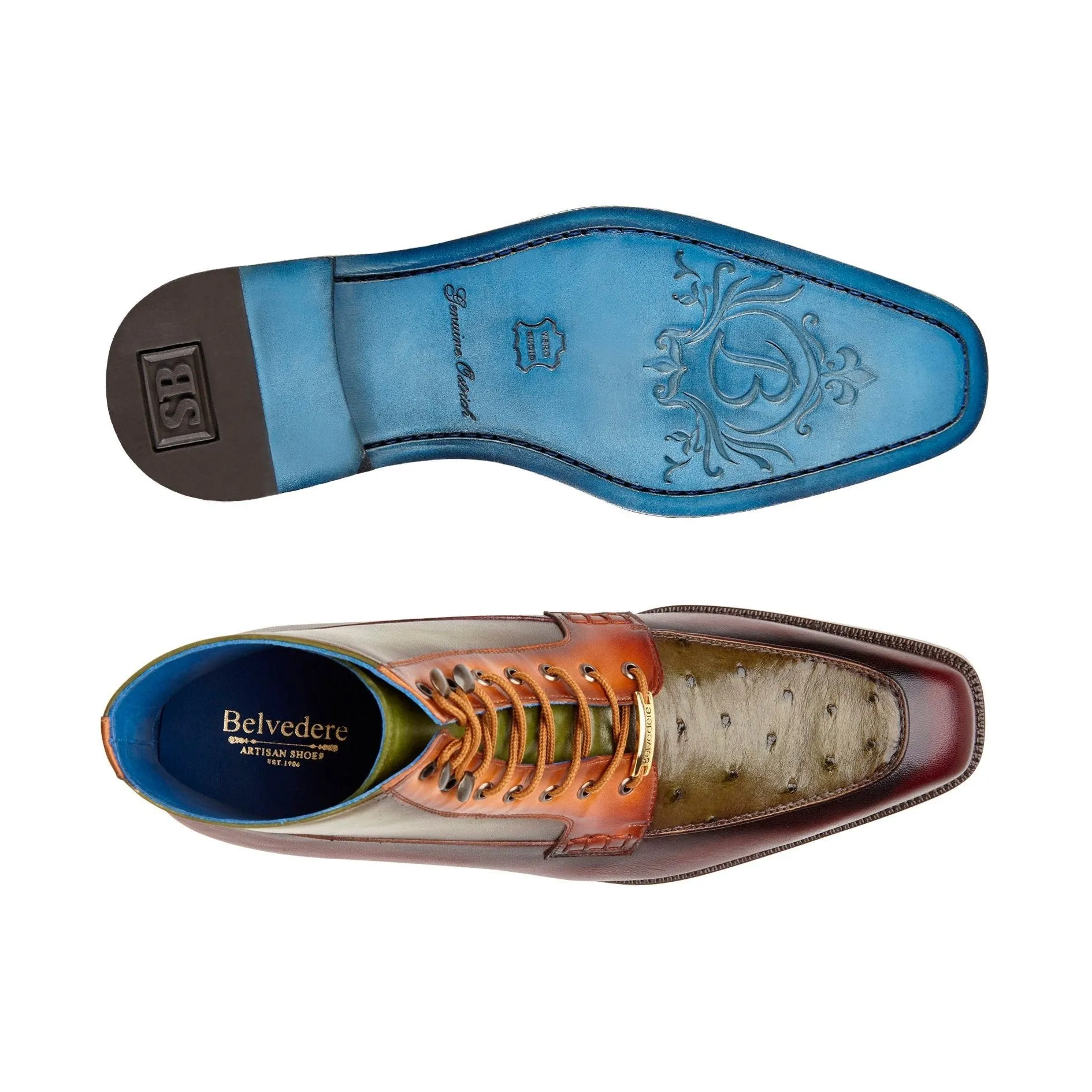 Belvedere Exotische Leder Schuhe Belvedere Greco in Antik Burgunder / Olive / Brandy Straußenleder und Leder Stiefel