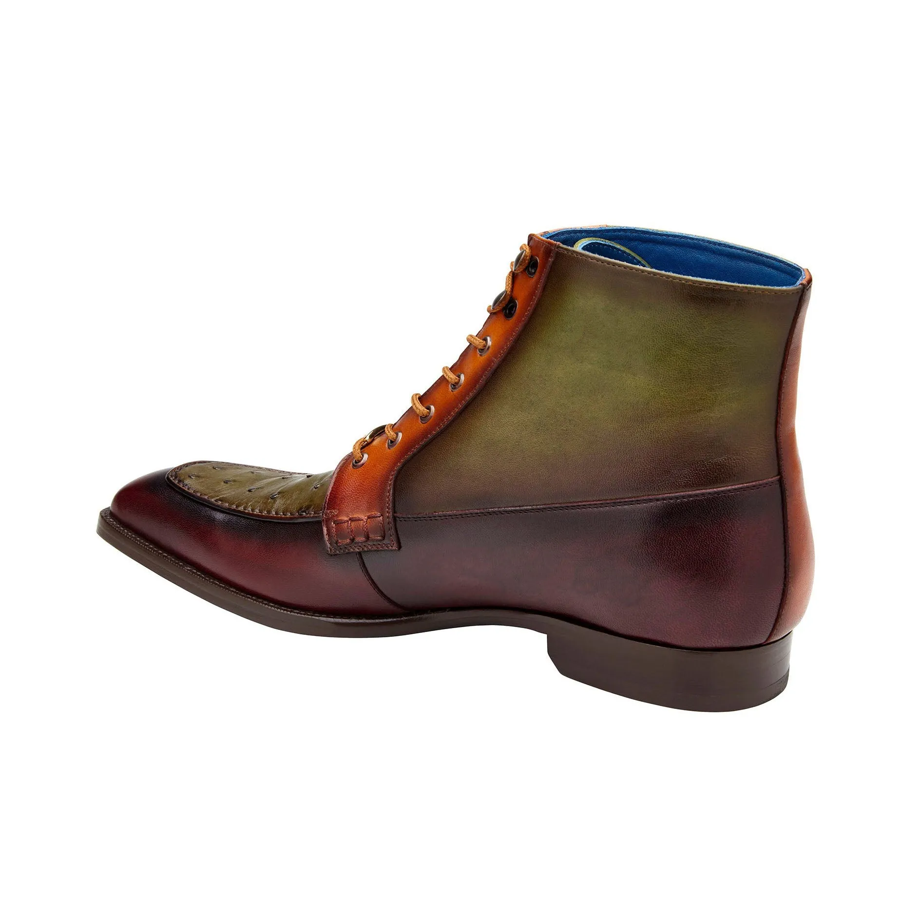 Belvedere Exotische Leder Schuhe Belvedere Greco in Antik Burgunder / Olive / Brandy Straußenleder und Leder Stiefel
