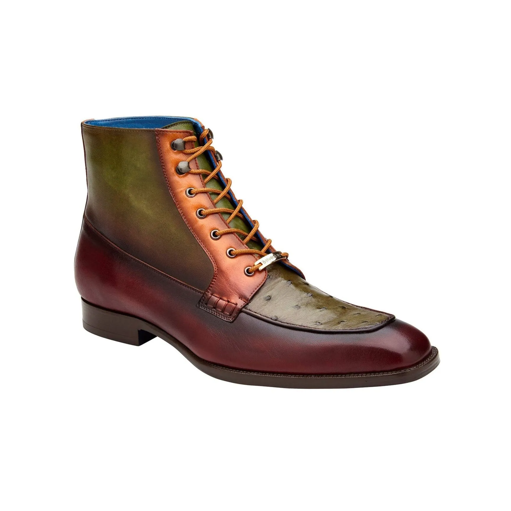 Belvedere Exotische Leder Schuhe Belvedere Greco in Antik Burgunder / Olive / Brandy Straußenleder und Leder Stiefel