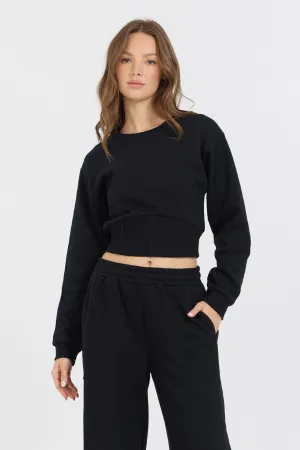 Schwarzer gebürsteter Fleece-Korsagen-Crew