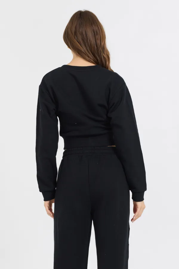 Schwarzer gebürsteter Fleece-Korsagen-Crew
