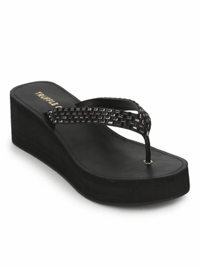 Black PU Shimmer Knitted Strap Slip On Wedges
