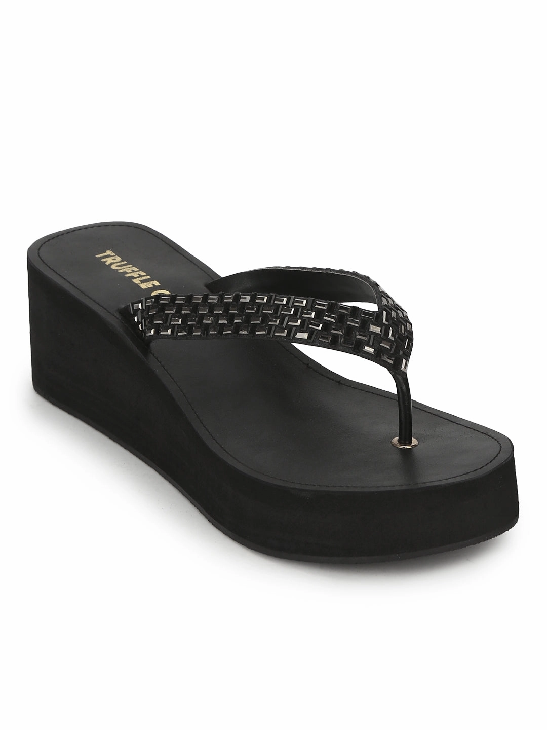 Black PU Shimmer Knitted Strap Slip On Wedges