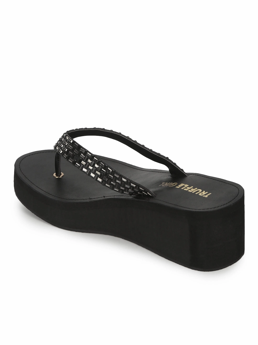 Black PU Shimmer Knitted Strap Slip On Wedges