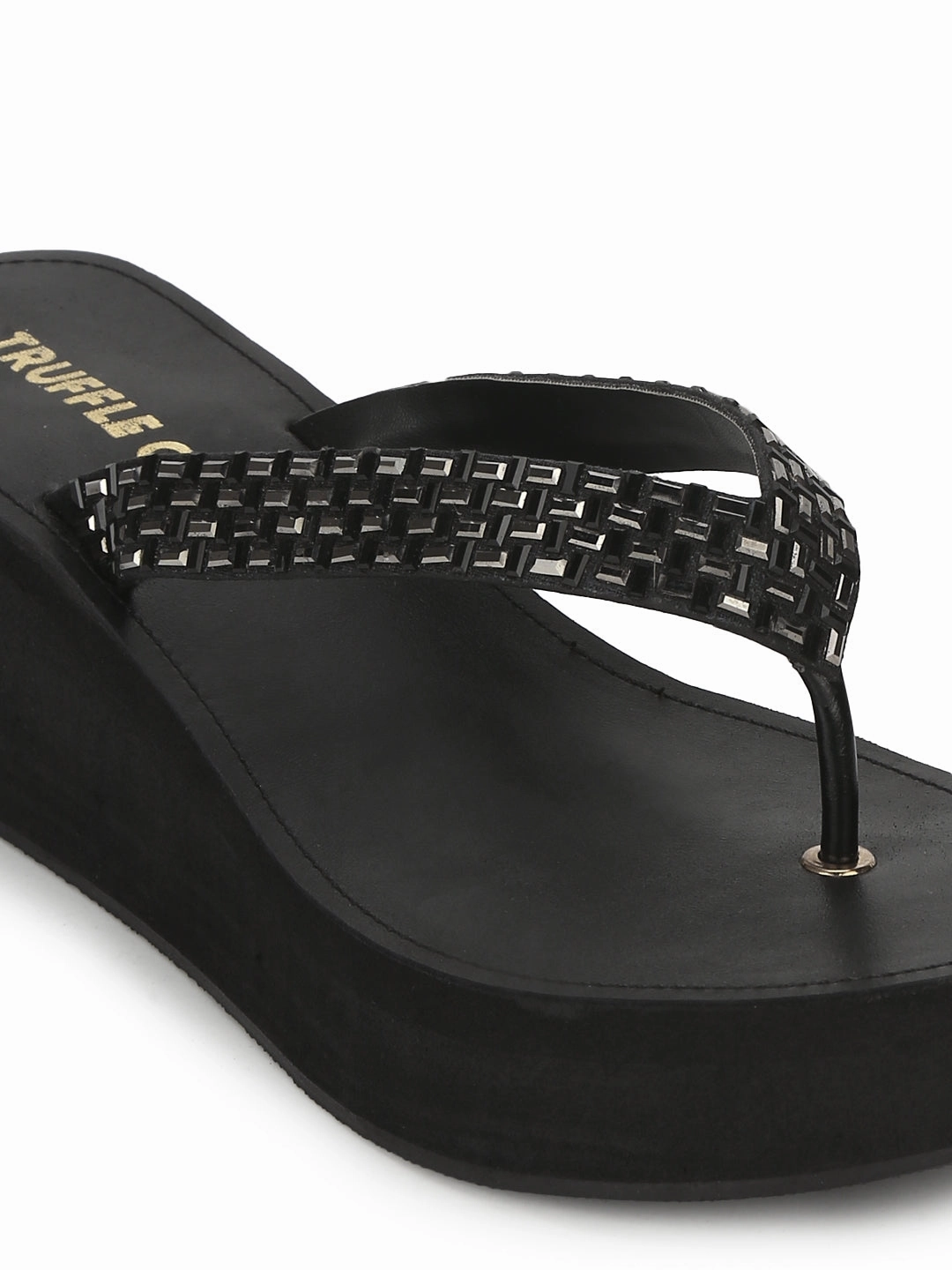Black PU Shimmer Knitted Strap Slip On Wedges
