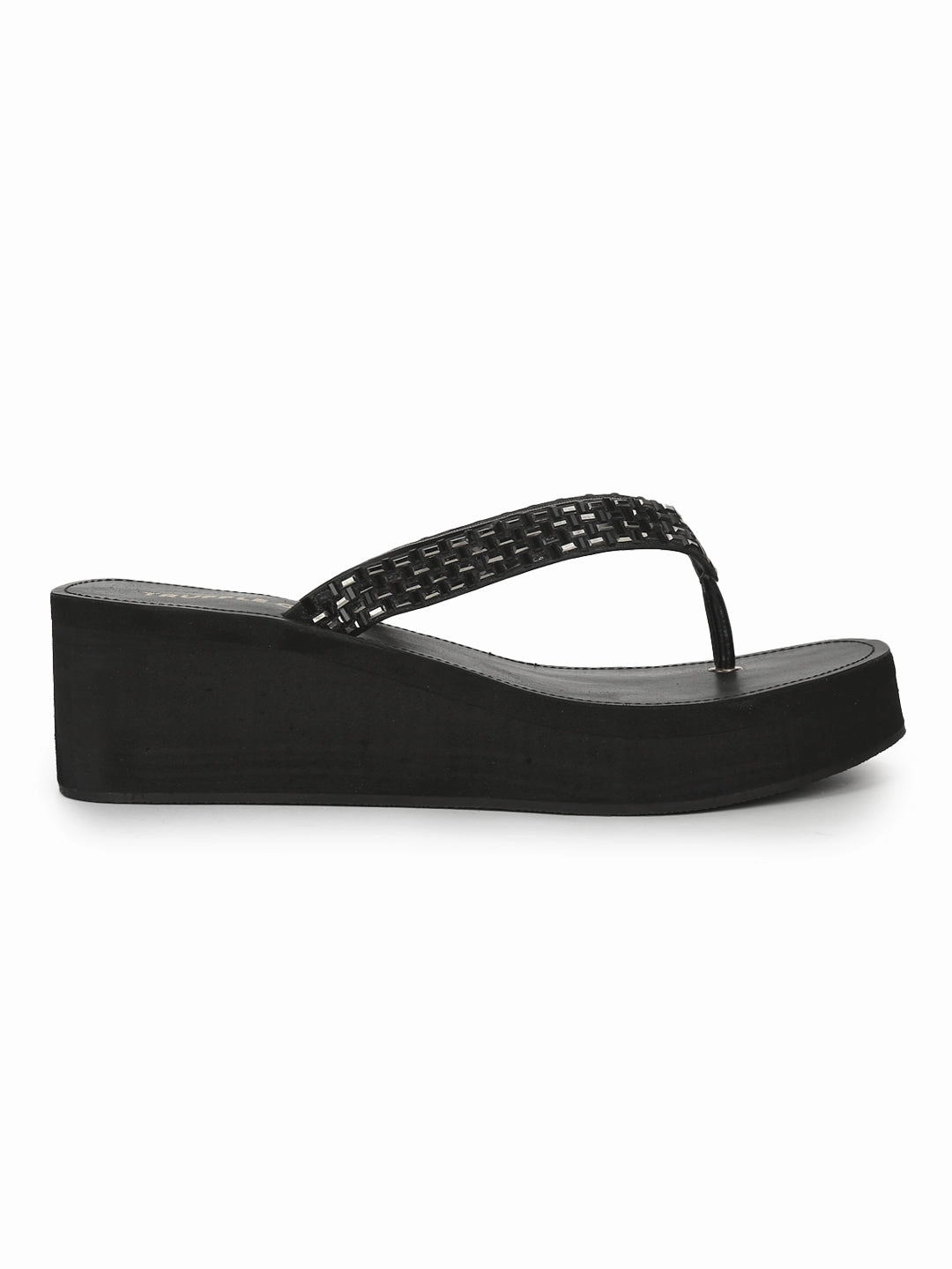 Black PU Shimmer Knitted Strap Slip On Wedges