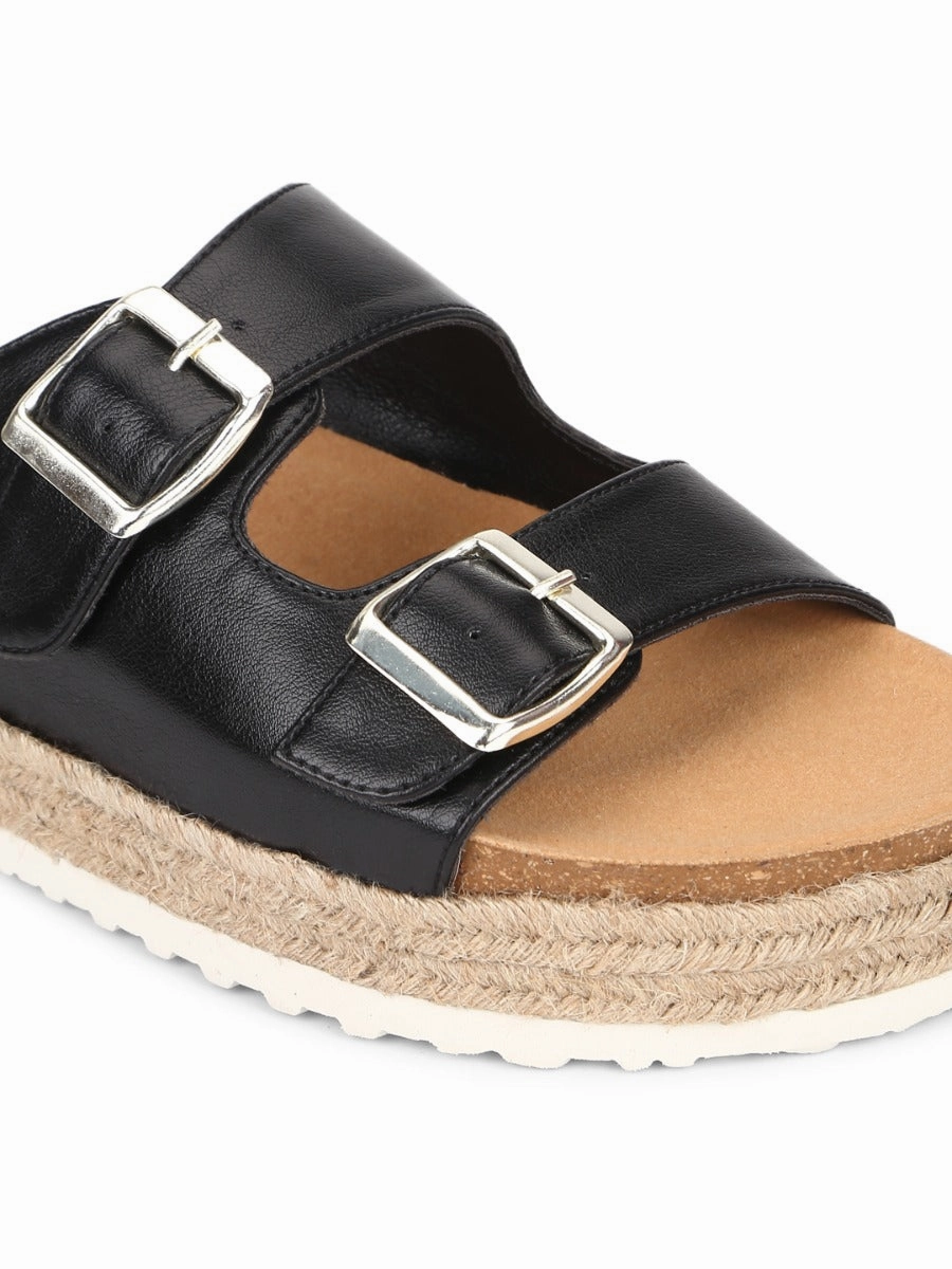 Schwarze PU-Seitenverschluss Keil-Espadrilles Sandalen