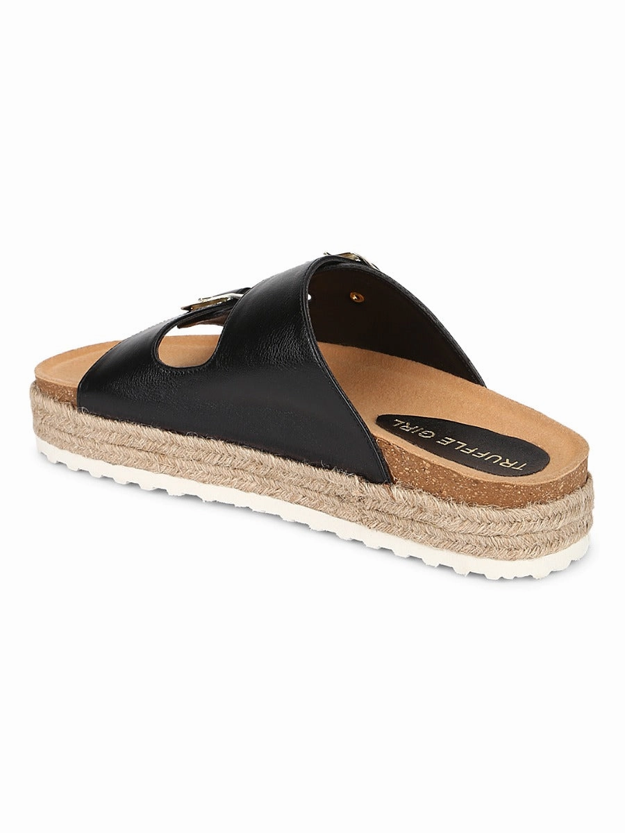 Schwarze PU-Seitenverschluss Keil-Espadrilles Sandalen