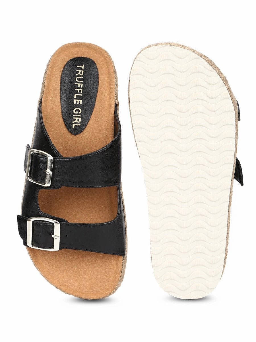Schwarze PU-Seitenverschluss Keil-Espadrilles Sandalen