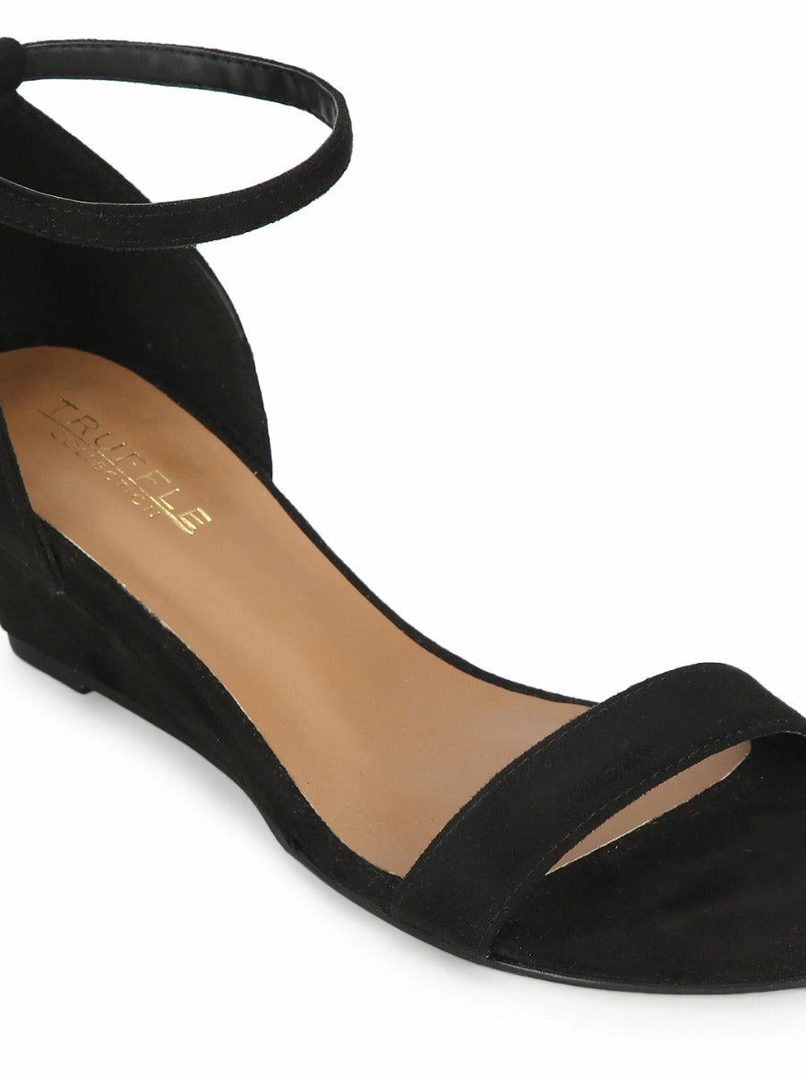 Black Suede Low Heel Wedges With Ankle Strap