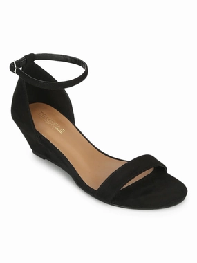 Black Suede Low Heel Wedges With Ankle Strap