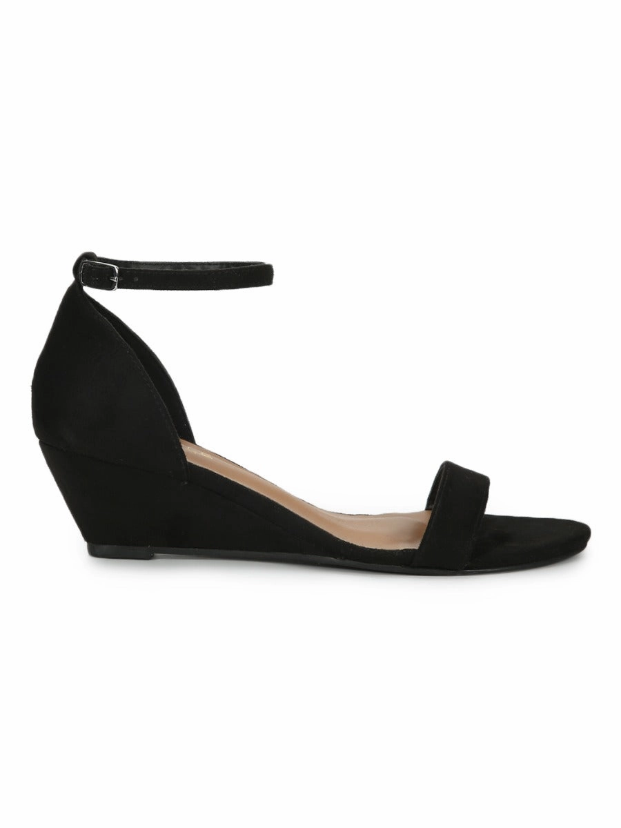 Black Suede Low Heel Wedges With Ankle Strap