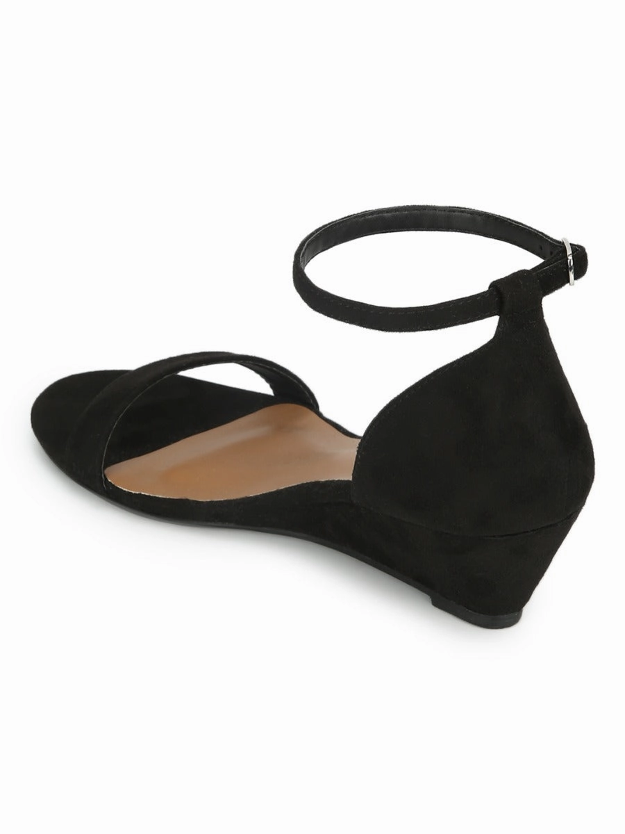 Black Suede Low Heel Wedges With Ankle Strap