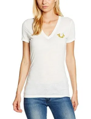 Buddha Burnout Kurzarm-Slim-V-Ausschnitt T-Shirt, Weiß, Mittel