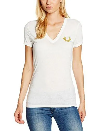 Buddha Burnout Kurzarm-Slim-V-Ausschnitt T-Shirt, Weiß, Mittel
