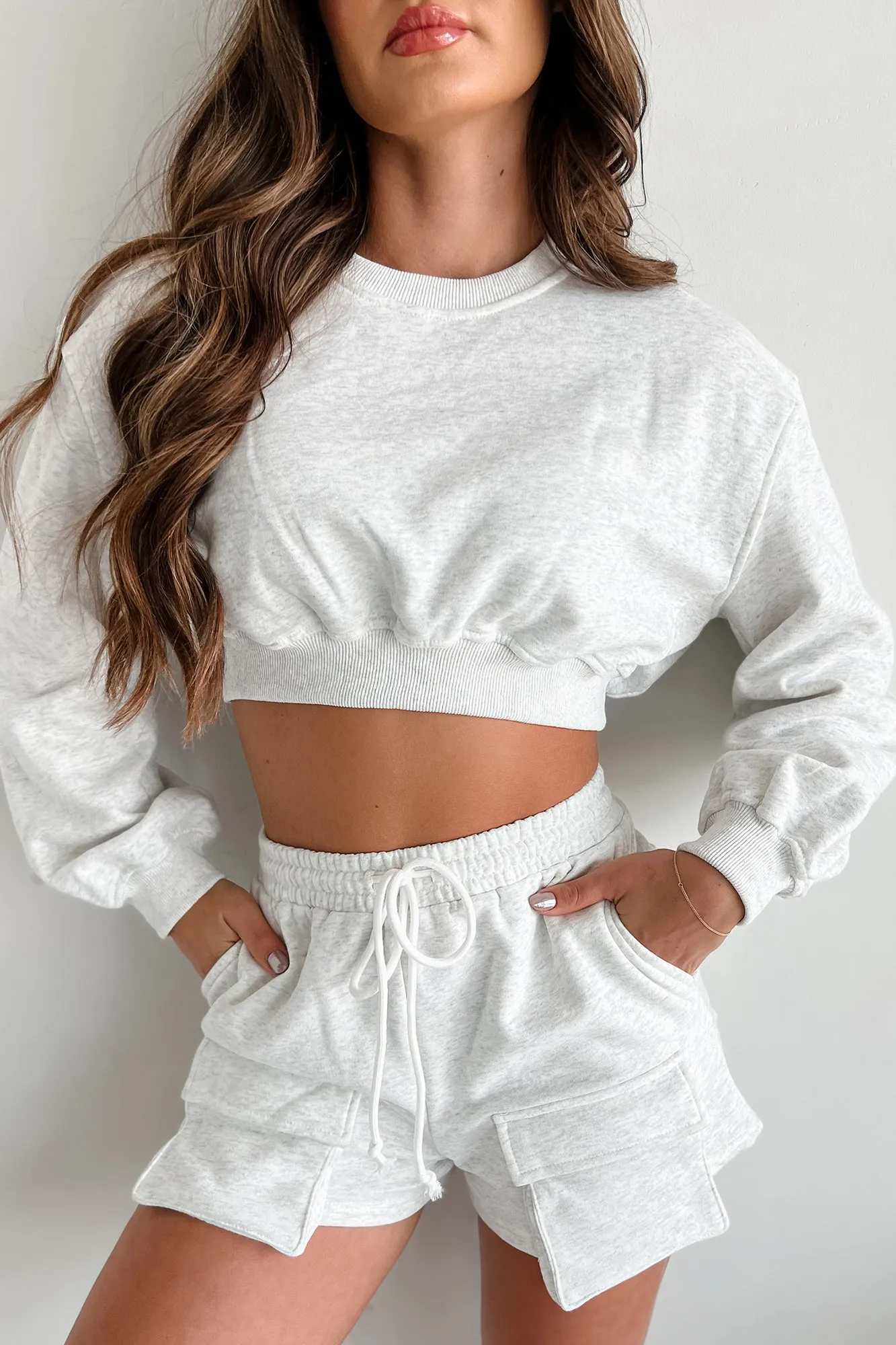 Can't Convince Me Crop Sweatshirt & Shorts Set (Weiß Melange)