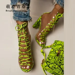 Klare PVC Damen Pumps Sandalen Blockabsatz Schnürpumps Frau Damen Schlangenprint Sommerstiefel Party Damen Pumps Grün Zapatos Fashion Nova Schuhe