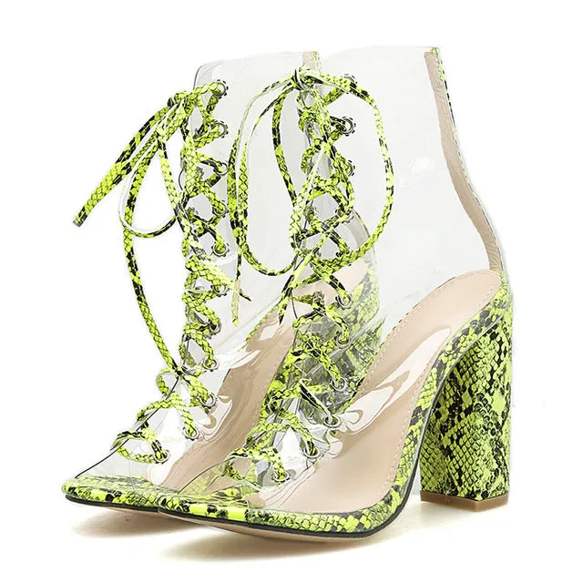 Klare PVC Damen Pumps Sandalen Blockabsatz Schnürpumps Frau Damen Schlangenprint Sommerstiefel Party Damen Pumps Grün Zapatos Fashion Nova Schuhe