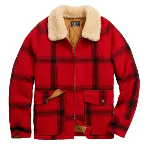 Bekleidung RRL By Ralph Lauren Herren RRL by Ralph Lauren Wolljacke mit Schaffellkragen im Rot / Schwarz Karomuster