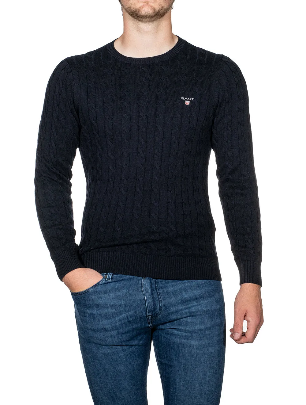 Baumwoll-Cable-Strickpullover mit Rundhalsausschnitt in Abendblau