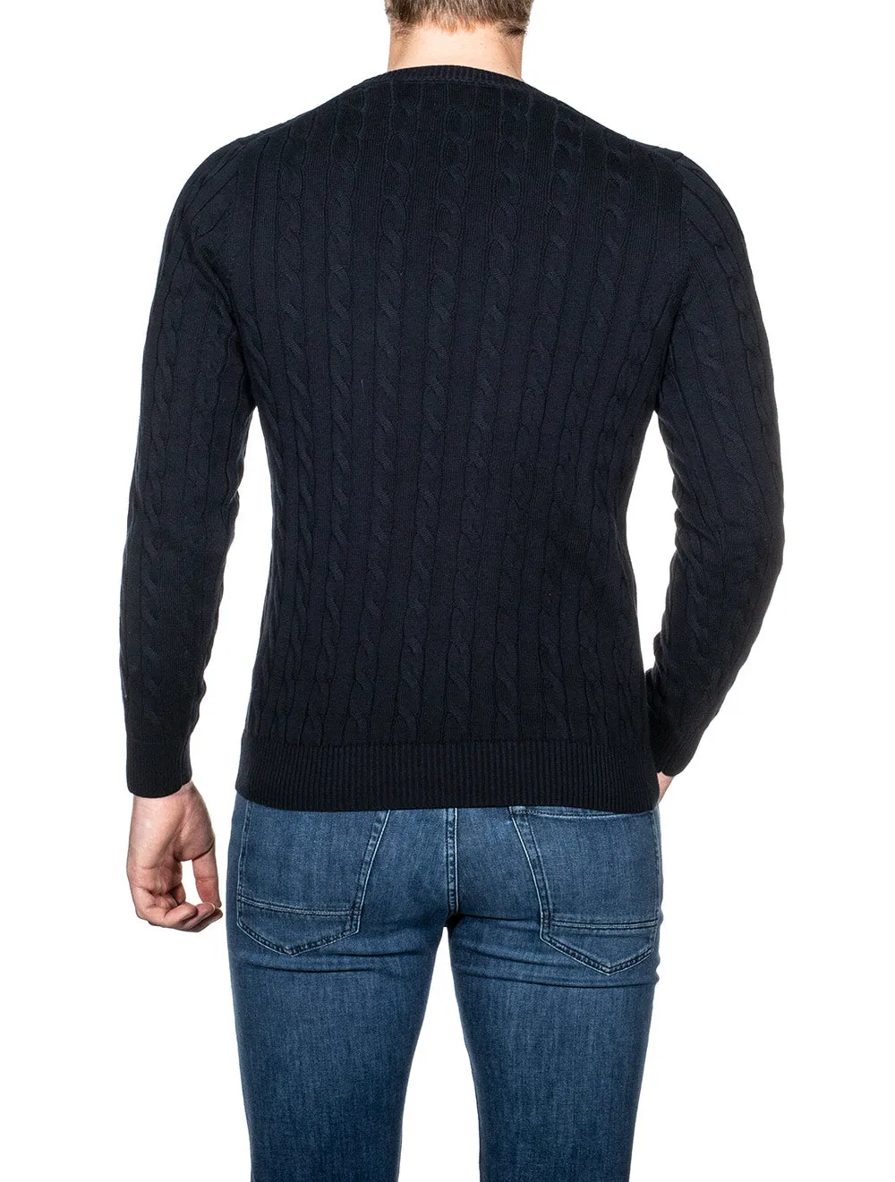 Baumwoll-Cable-Strickpullover mit Rundhalsausschnitt in Abendblau