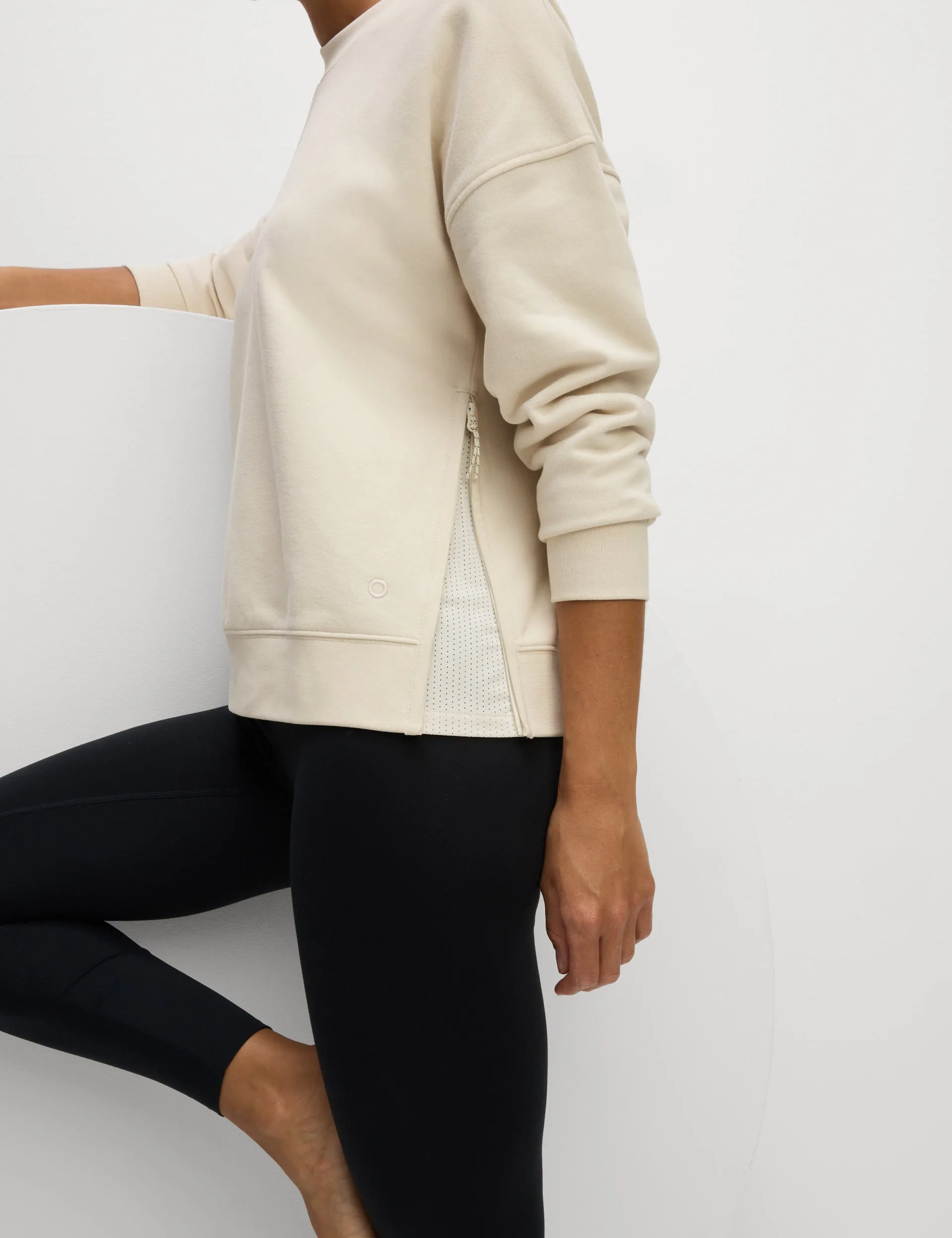 Baumwollreiches Mesh-Einsatz Entspanntes Sweatshirt - Elfenbein