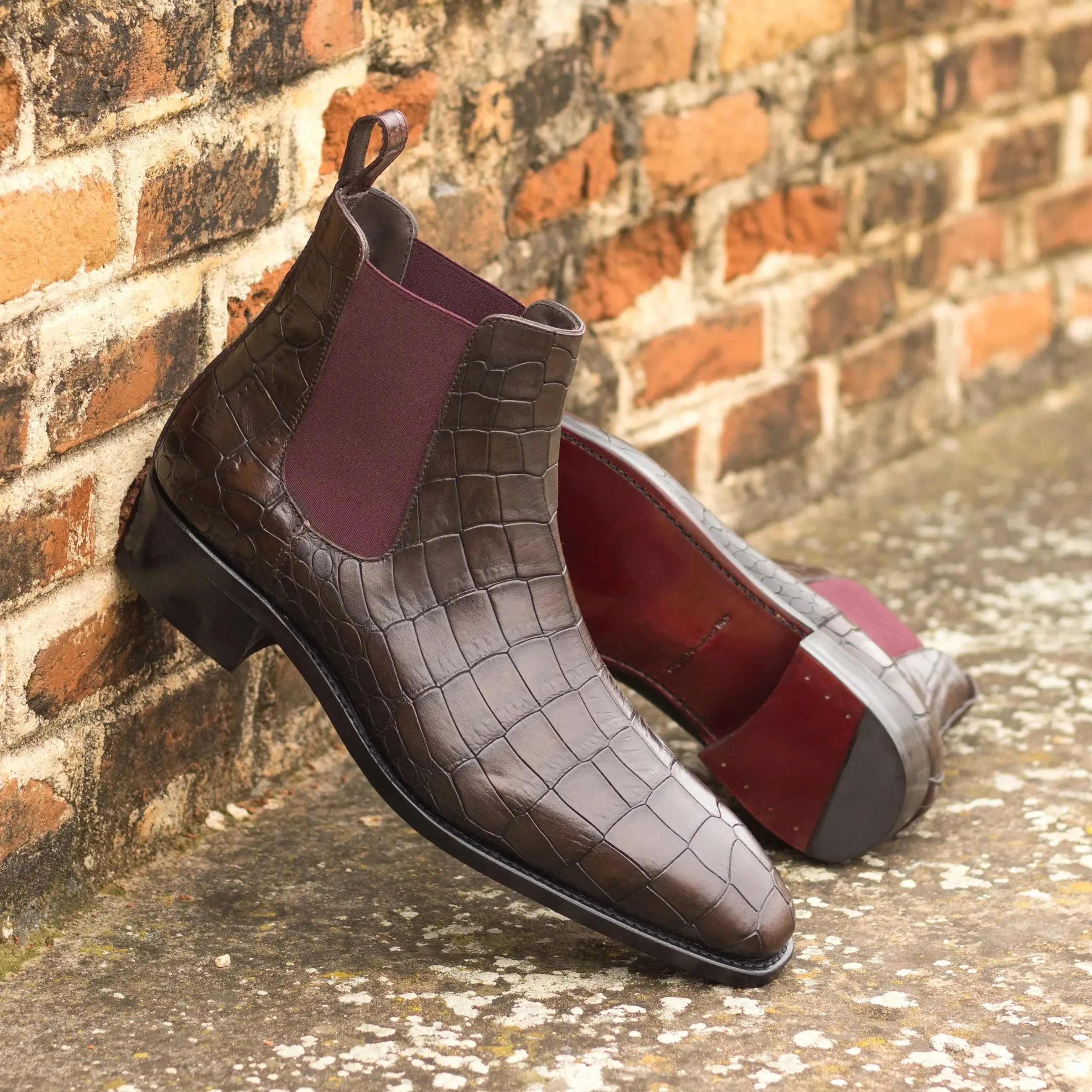 Dapperfam Schuhe DapperFam Monza in Dunkelbraun / Burgunder Herren Italienisch Croco Geprägtes Leder Chelsea Stiefel