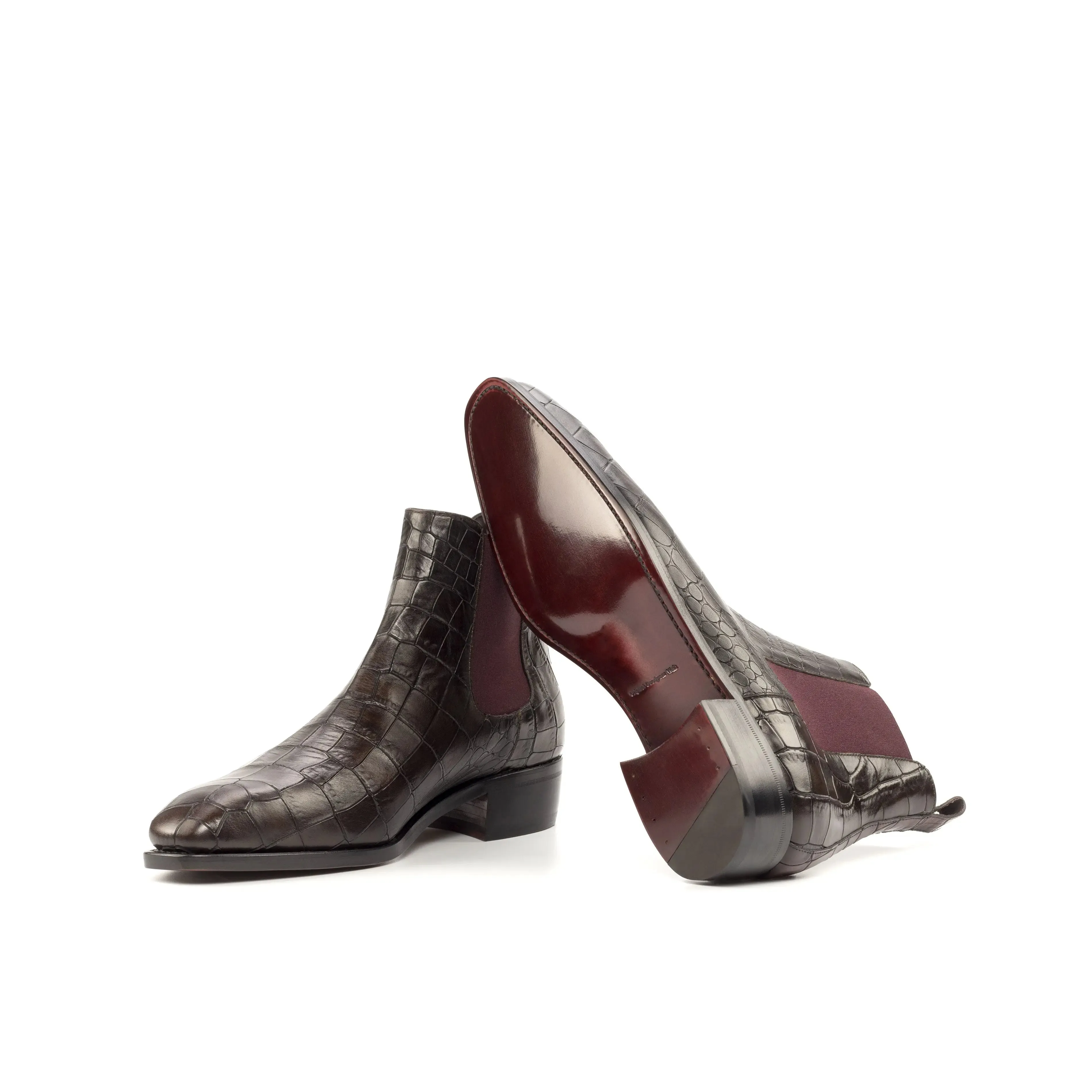 Dapperfam Schuhe DapperFam Monza in Dunkelbraun / Burgunder Herren Italienisch Croco Geprägtes Leder Chelsea Stiefel