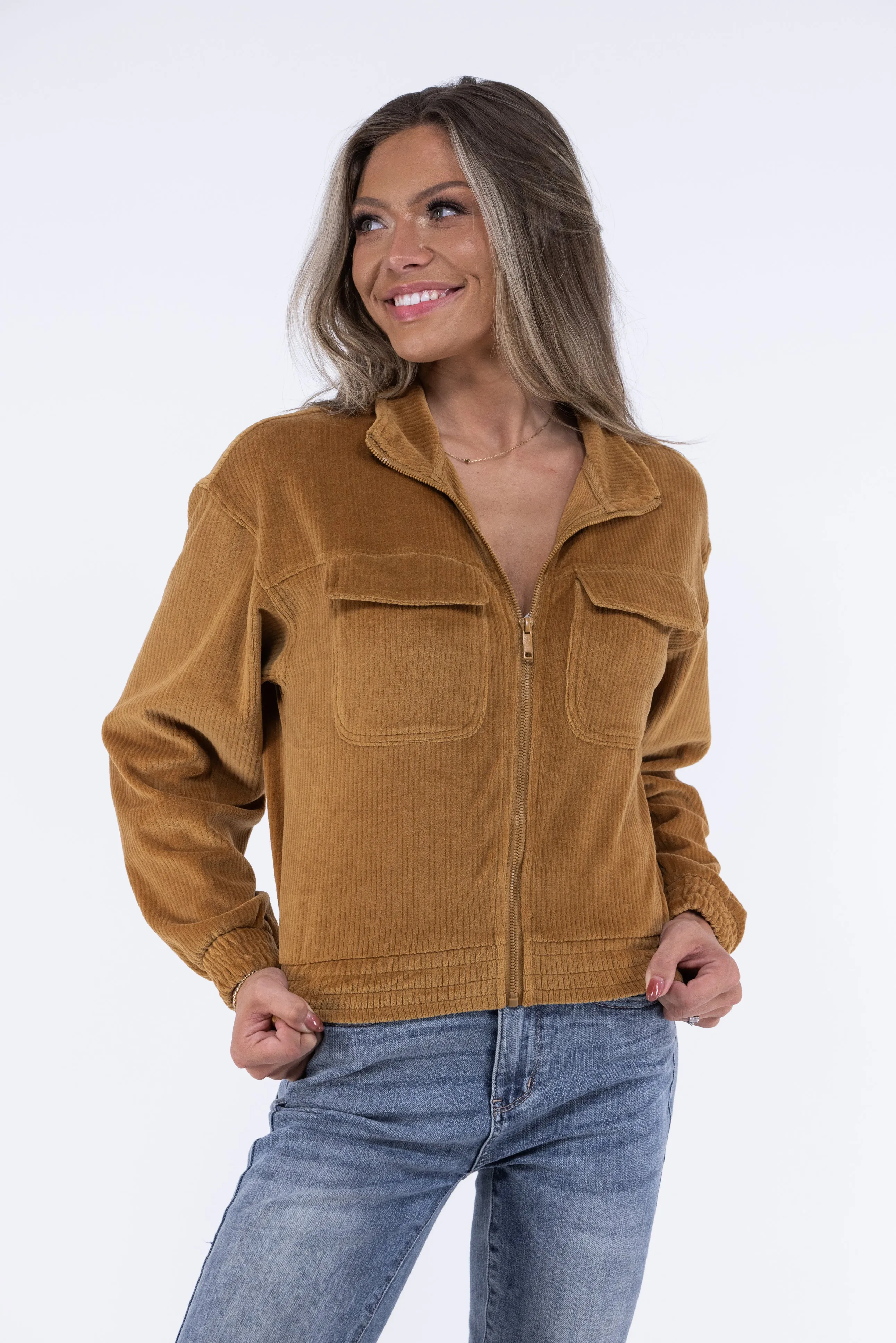 Doin It Right Damen Reißverschluss Cropped Cordjacke