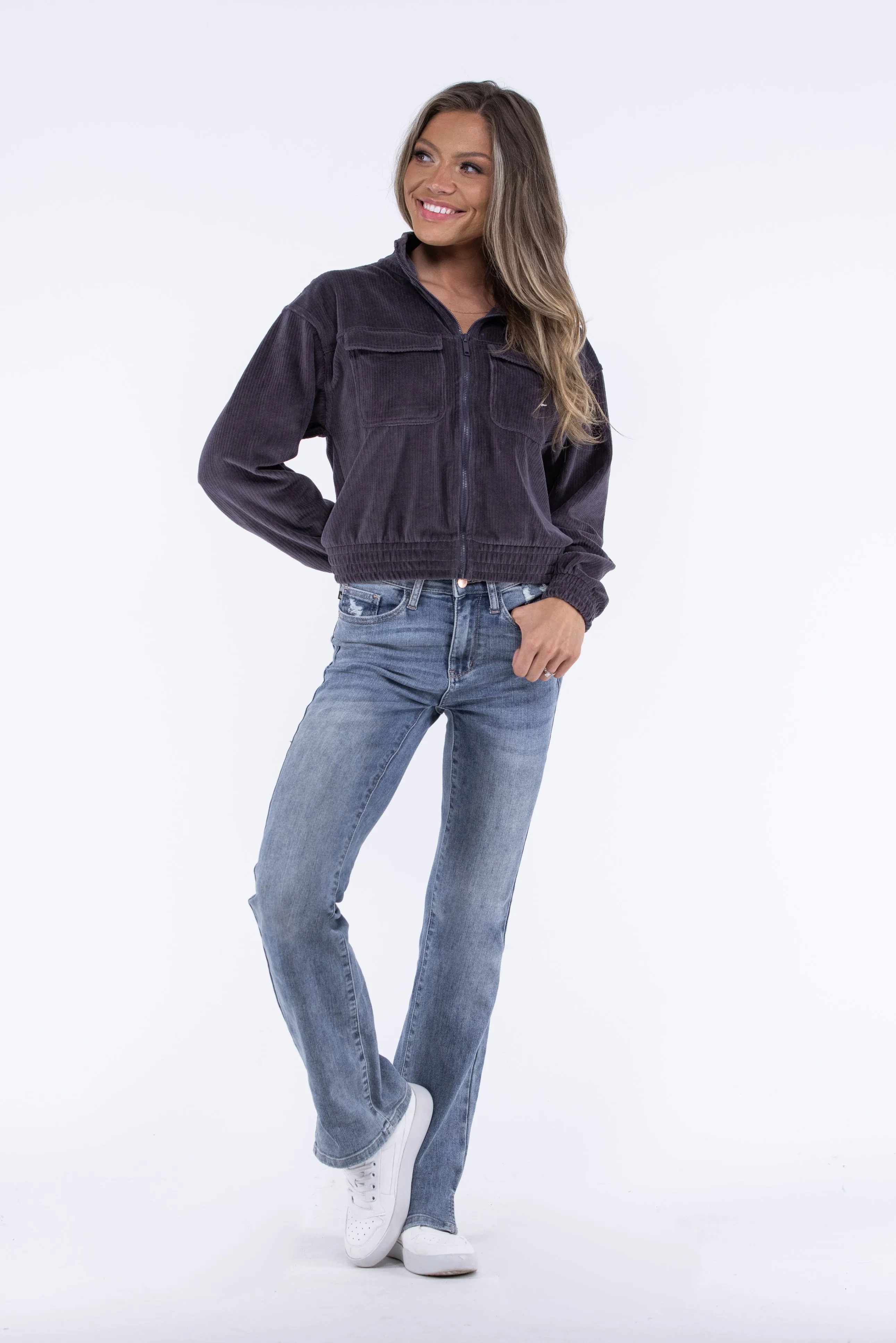Doin It Right Damen Reißverschluss Cropped Cordjacke