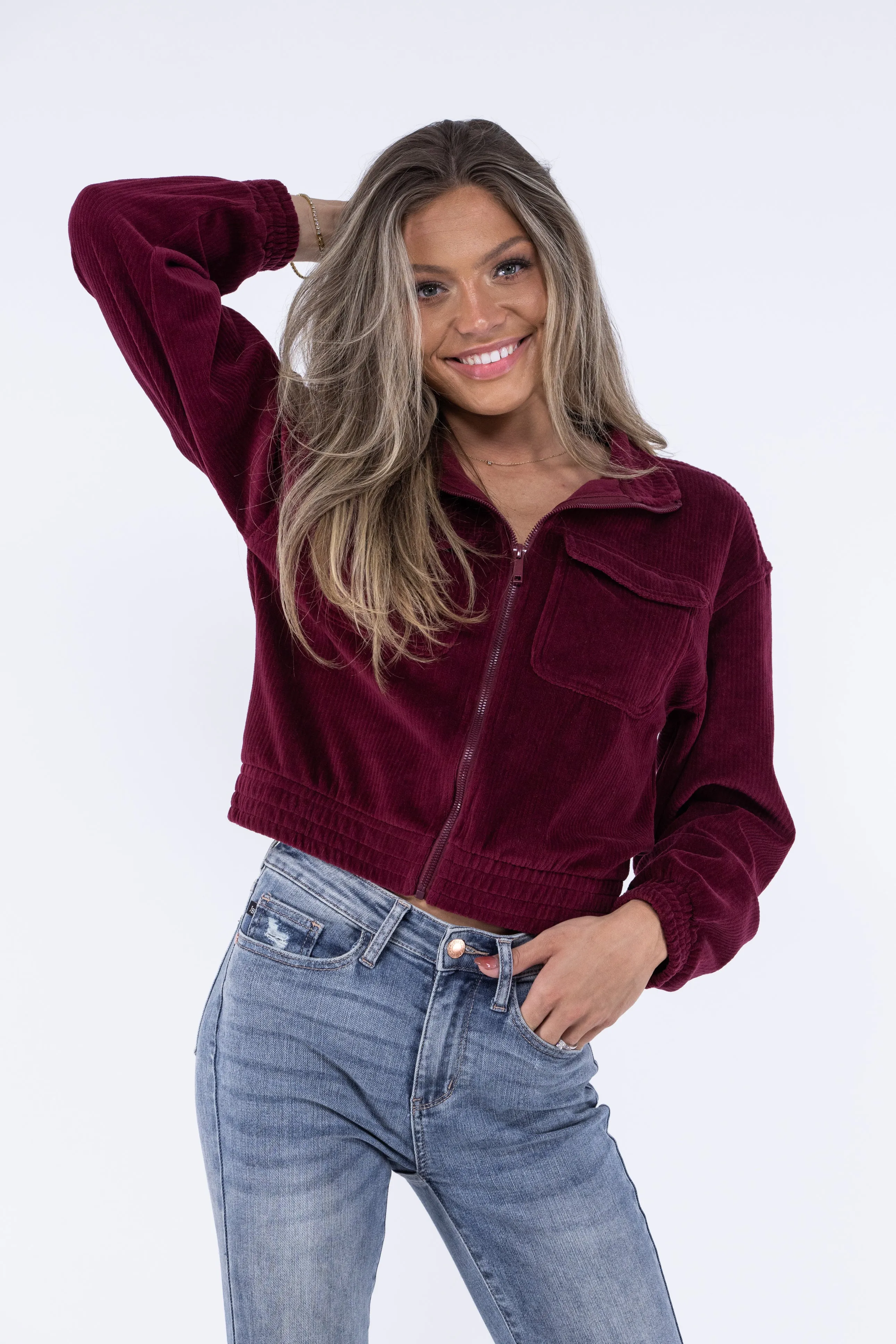 Doin It Right Damen Reißverschluss Cropped Cordjacke