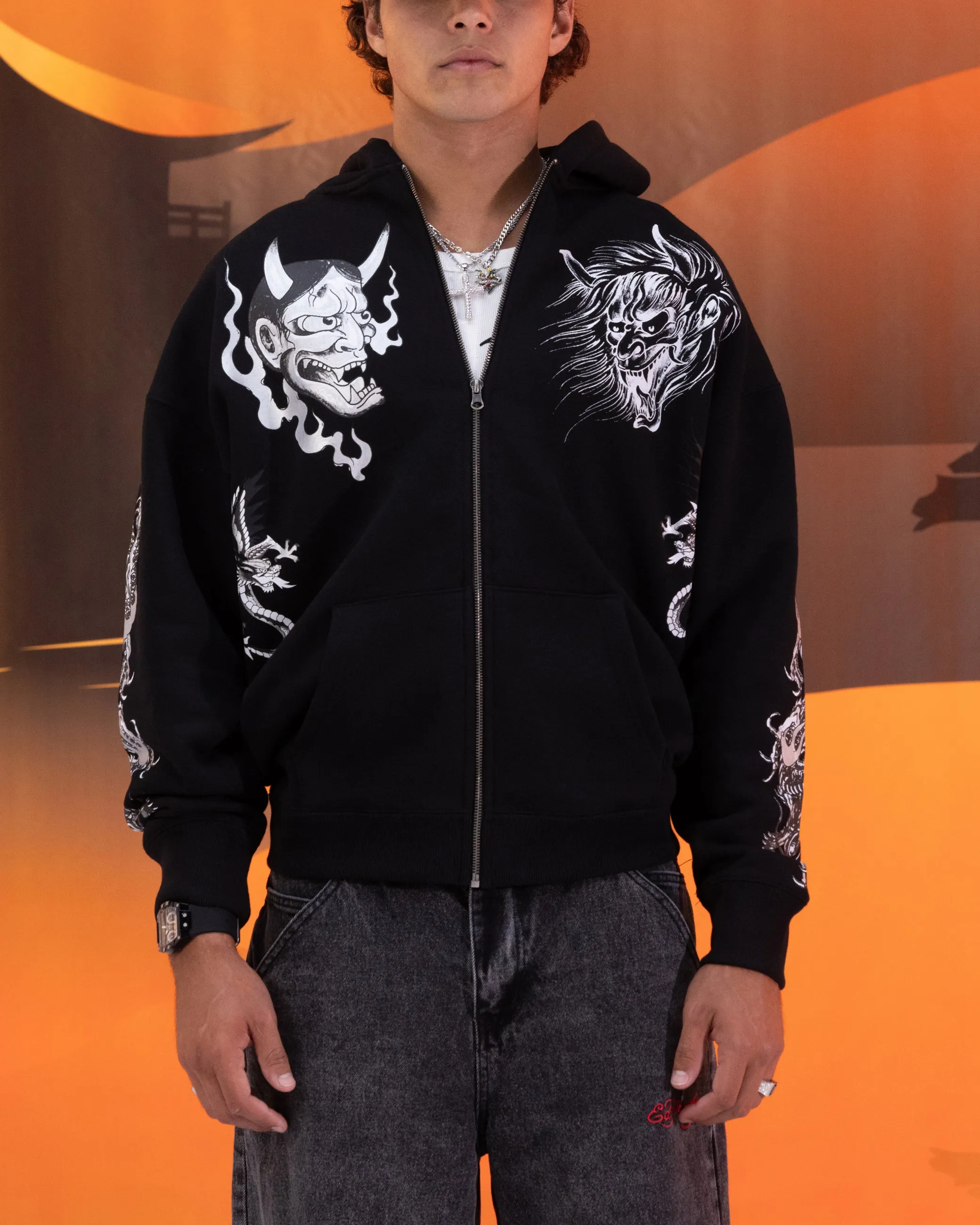 Ed Hardy Blumen-Reißverschluss-Hoodie Schwarz