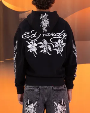 Ed Hardy Blumen-Reißverschluss-Hoodie Schwarz