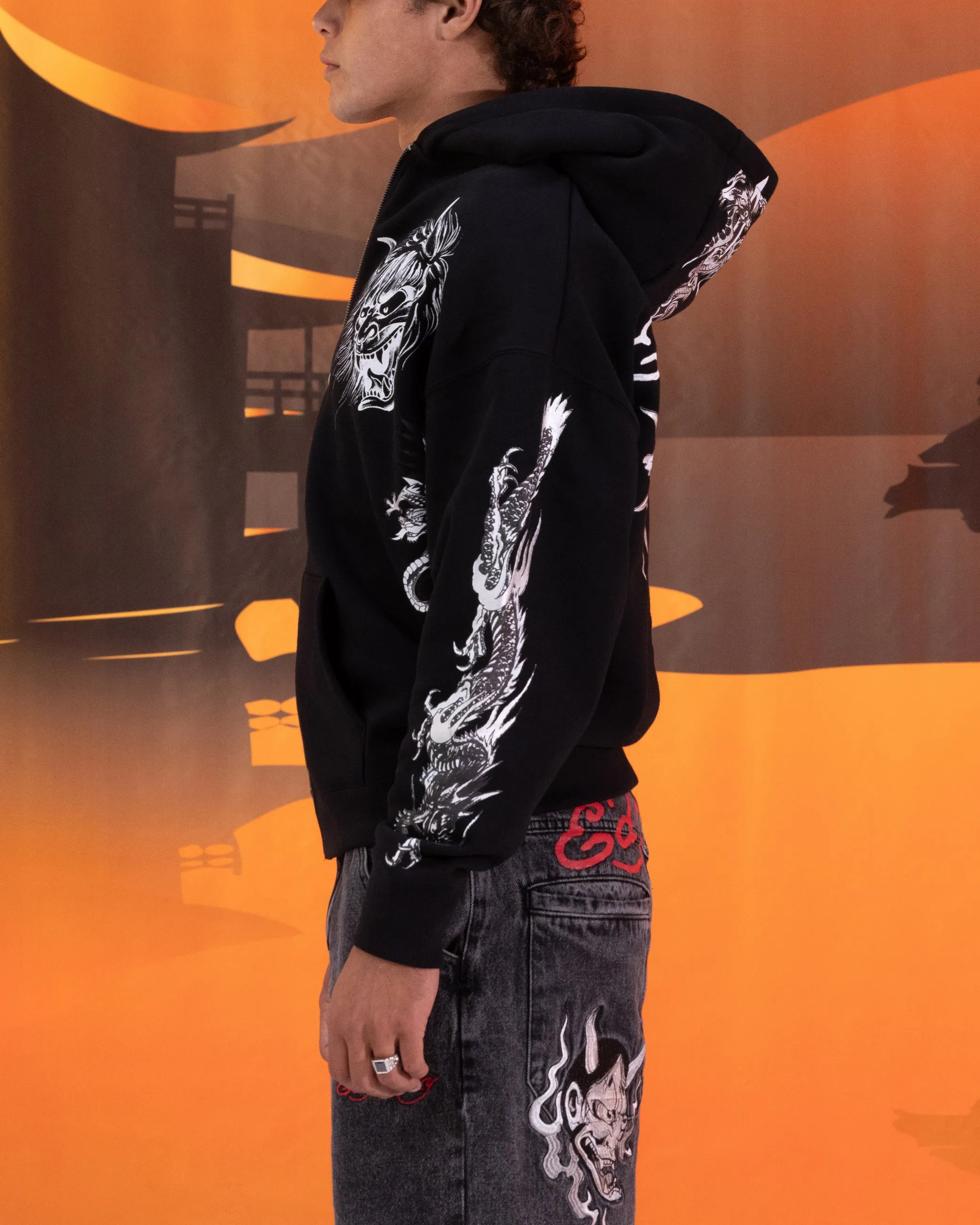 Ed Hardy Blumen-Reißverschluss-Hoodie Schwarz